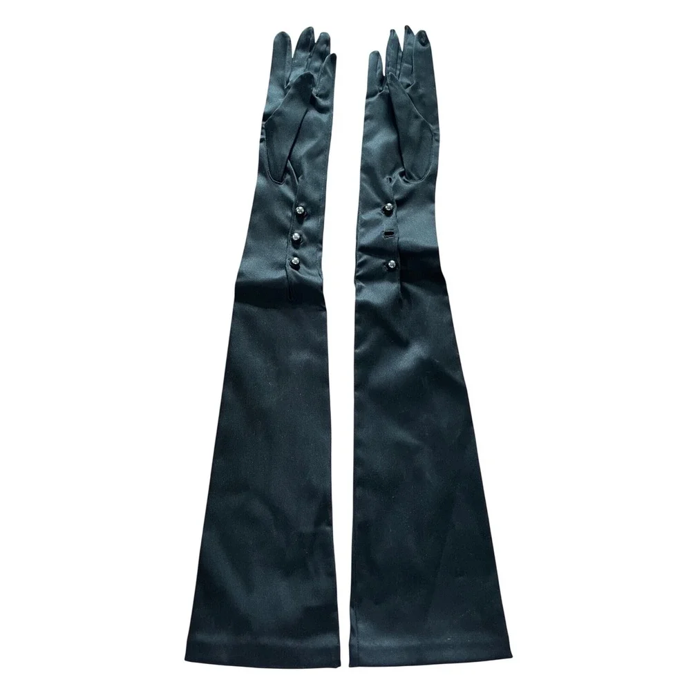 Vtg 1950s Macys Whitney Mousquetaire Opera Gloves Black Satin Mid Century Italy